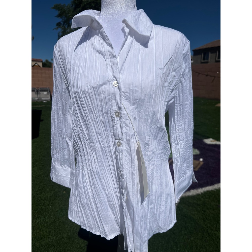 Fred David White Crinkle Pleated Button Down Shirt 3/4 Sleeve Size L M20235